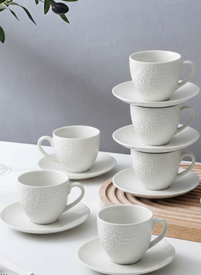 Feelings Ceramic Tea Cup & Saucer Set, includes 6 × 90ml Ceramic Tea Cups, 6 × Ceramic Saucers,  Serves 6 People, White - Image 1